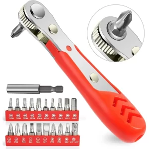 22 PCS Ratchet Screwdriver Set 1/4 Mini Ratchet Wrench Right Angle Screwdriver with Phillips Torx Magnetic Bit for Small Spaces